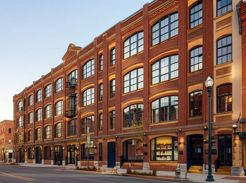 680 Lynn Street exterior — the brick warehouse building housing River District Social and Suite J.
