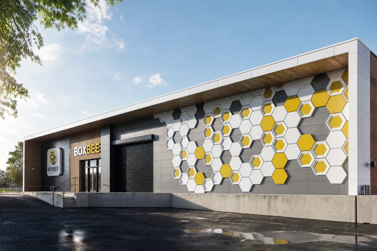BoxBee Self Storage — a modern facility with a white-and-gold honeycomb hexagon facade, planned for 717 Monument Street.
