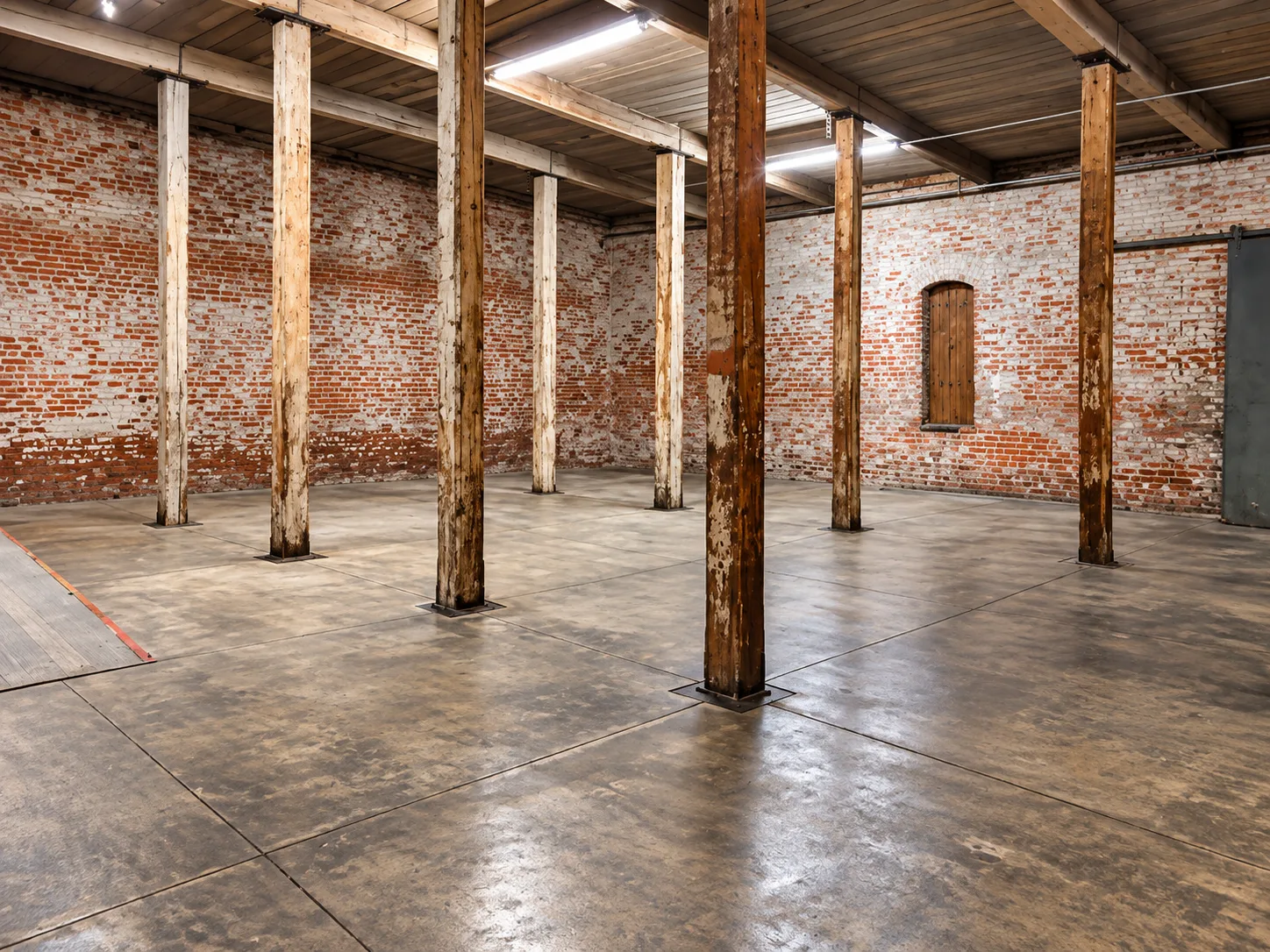 Whitewashed brick and timber inside Suites E and F at 680 Lynn Street