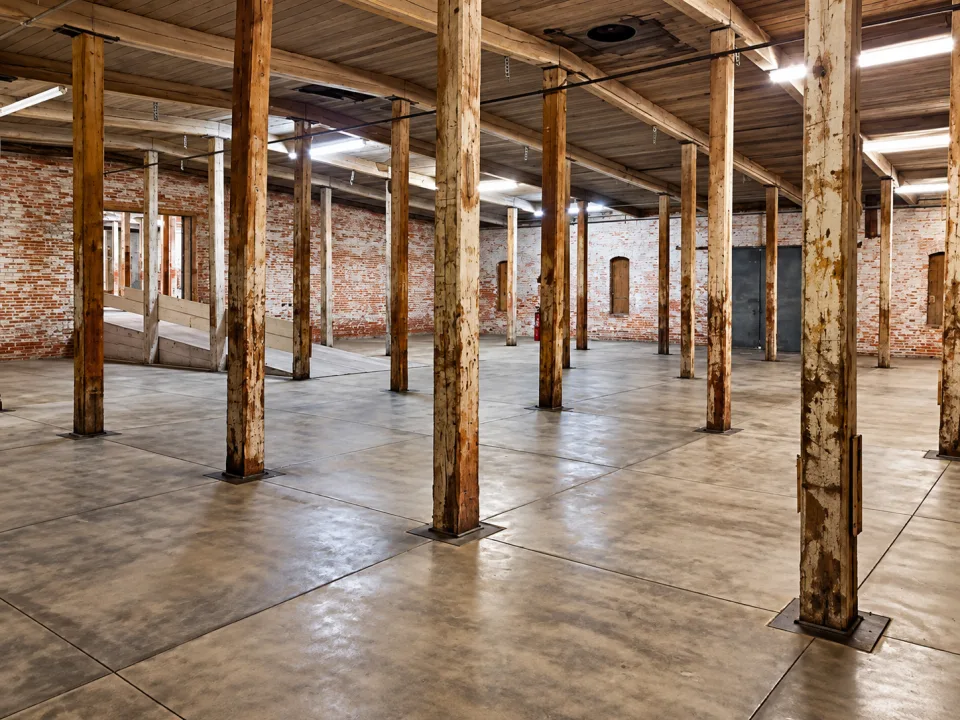 Open warehouse floor with timber columns