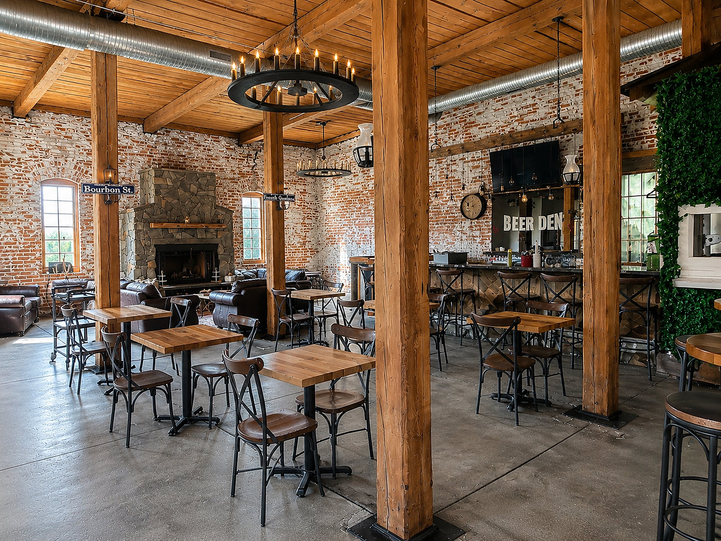 Suite G bar and dining room — wagon-wheel chandeliers, exposed brick, the Beer Den bar and living moss wall