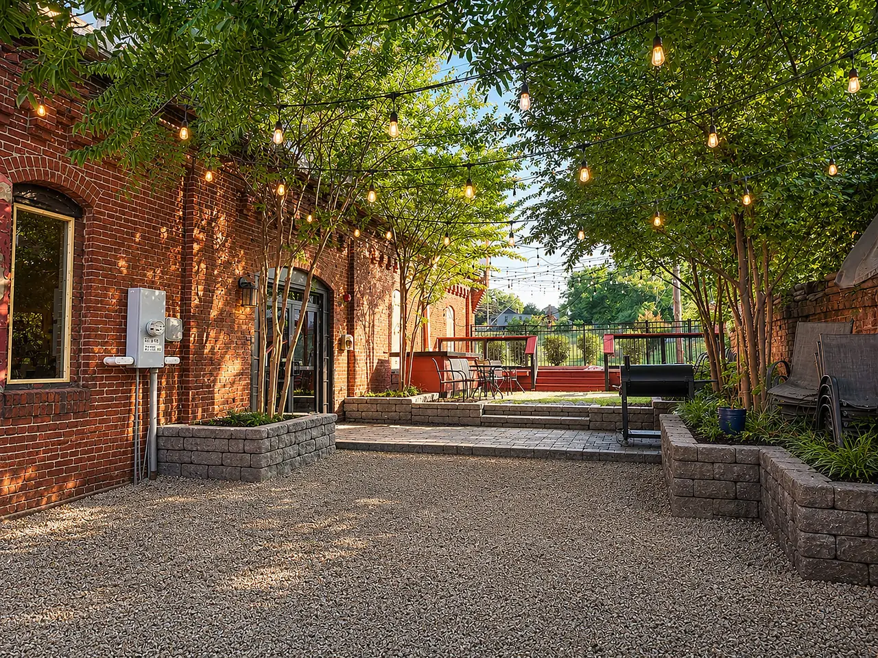 Private outdoor courtyard with café lights.