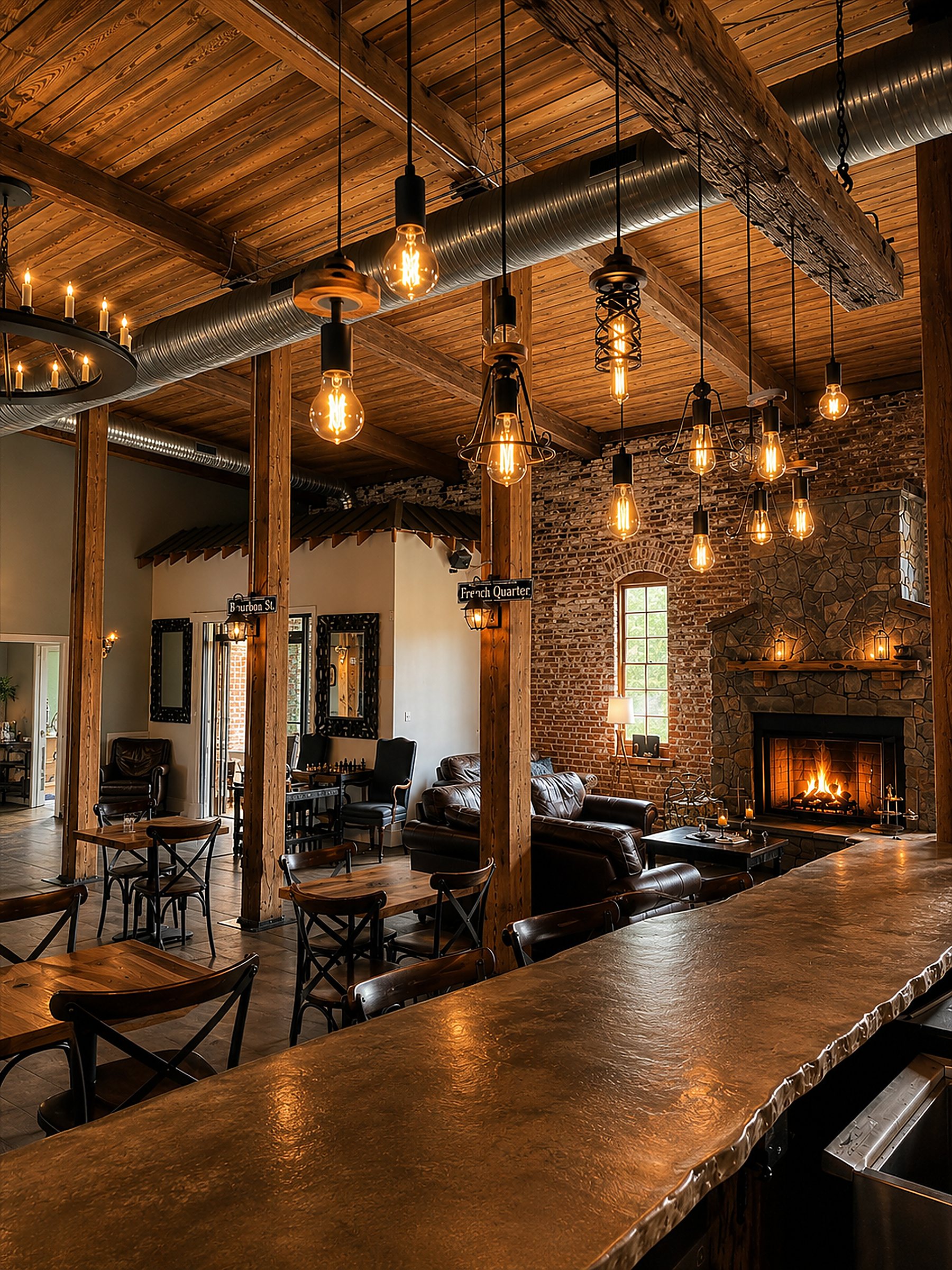 Suite G fireside lounge with leather seating, Edison-bulb cluster and French Quarter signage