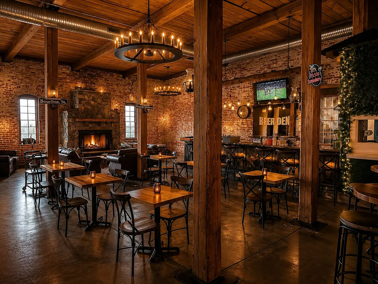 Candlelit bar with wheel chandelier and stone fireplace.