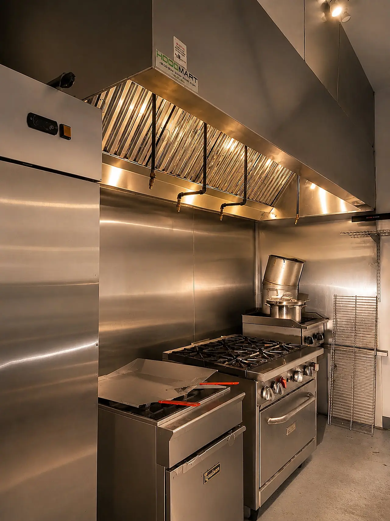 The commercial kitchen — stainless prep line, six-burner gas range with oven, flat-top griddle and a stainless exhaust hood.